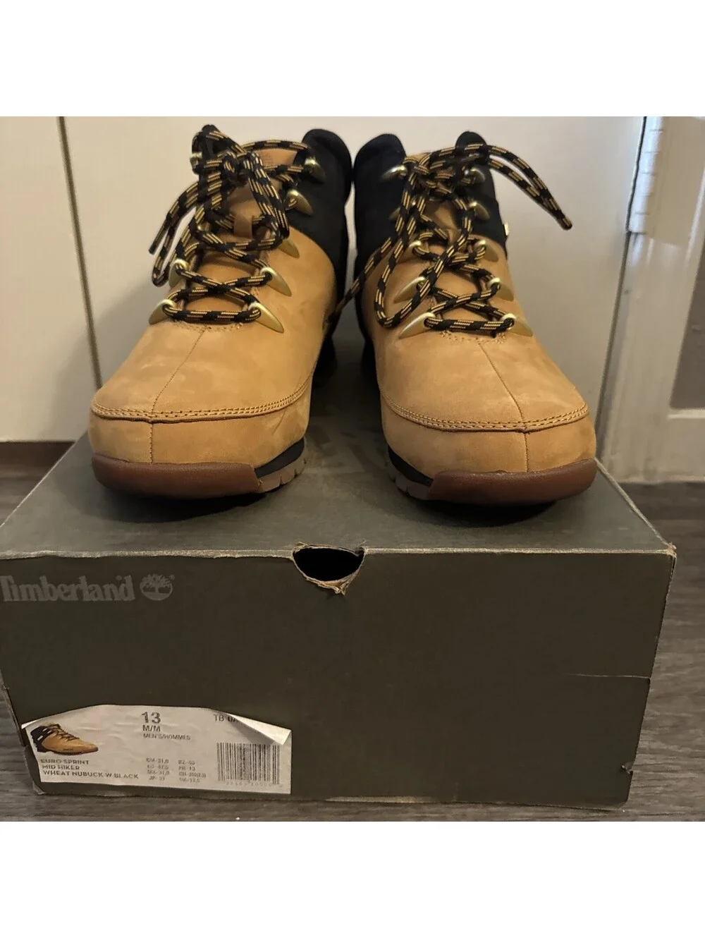 Timberland Euro Sprint Mid Hiker Boots Mens Size 13 Wheat Black EUC Box